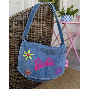 Vintage Y2K Barbie Denim Messenger Bag Pink Logo Floral Applique